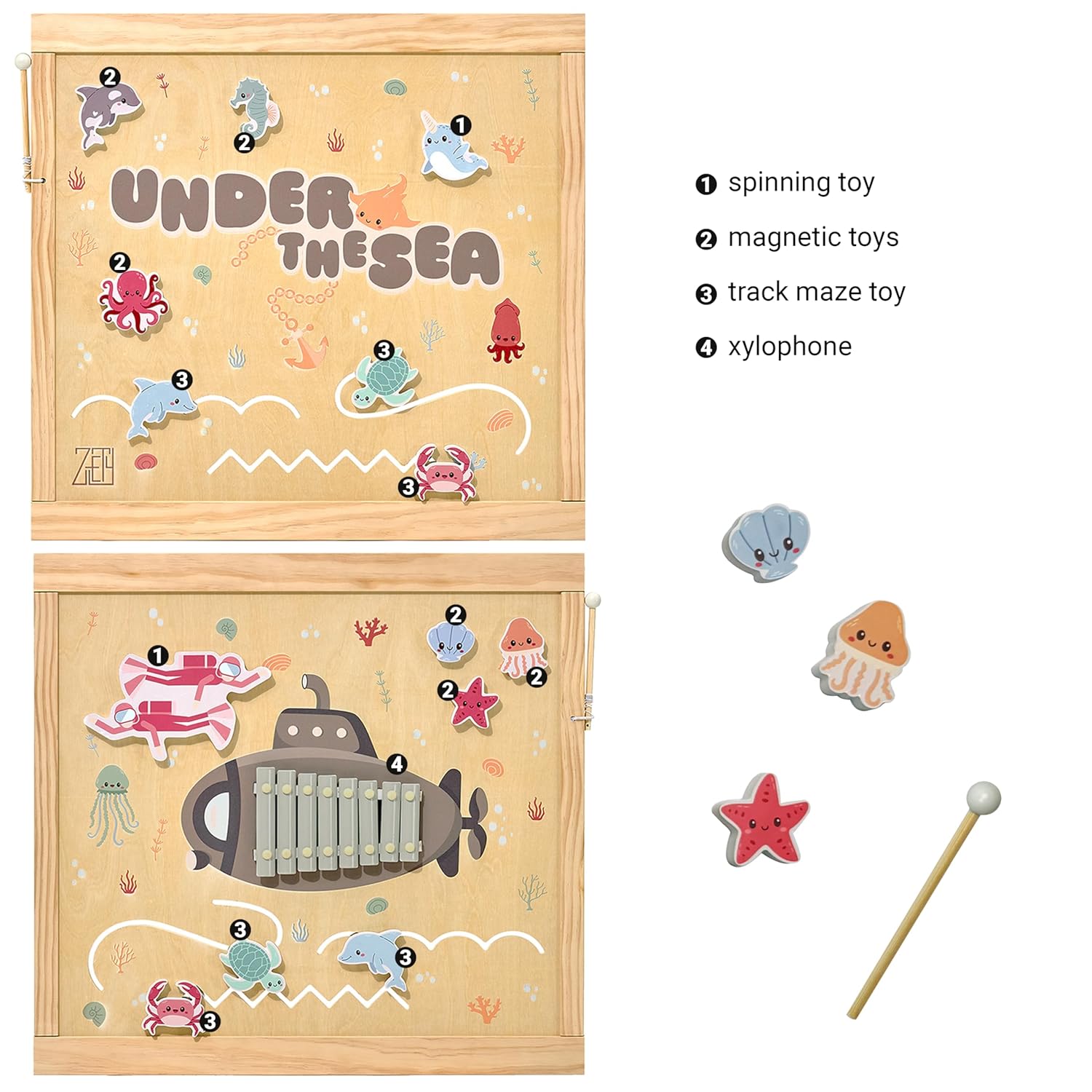 Wooden Playpen Extra Large for Toddlers and Babies - Under The Sea Theme Toy Design - (8/10) Wood Panels - Foldable and Adjustable Baby playpen - Extra Large Baby playpen (8-Panels)
